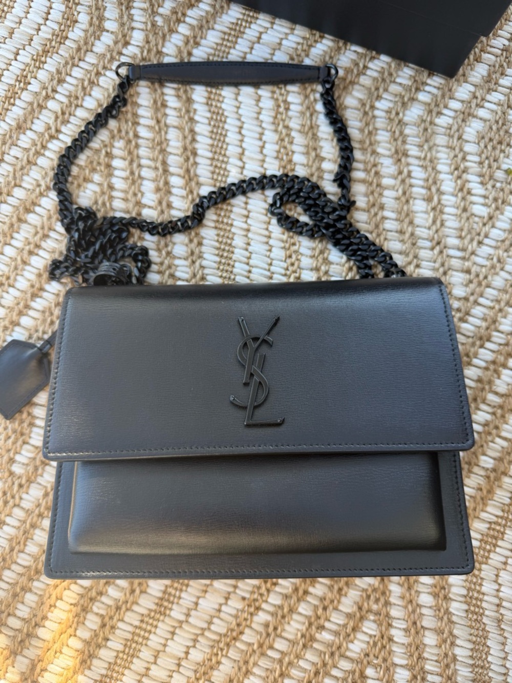 Saint Laurent Black Leather Flap Crossbody with Logo Chain